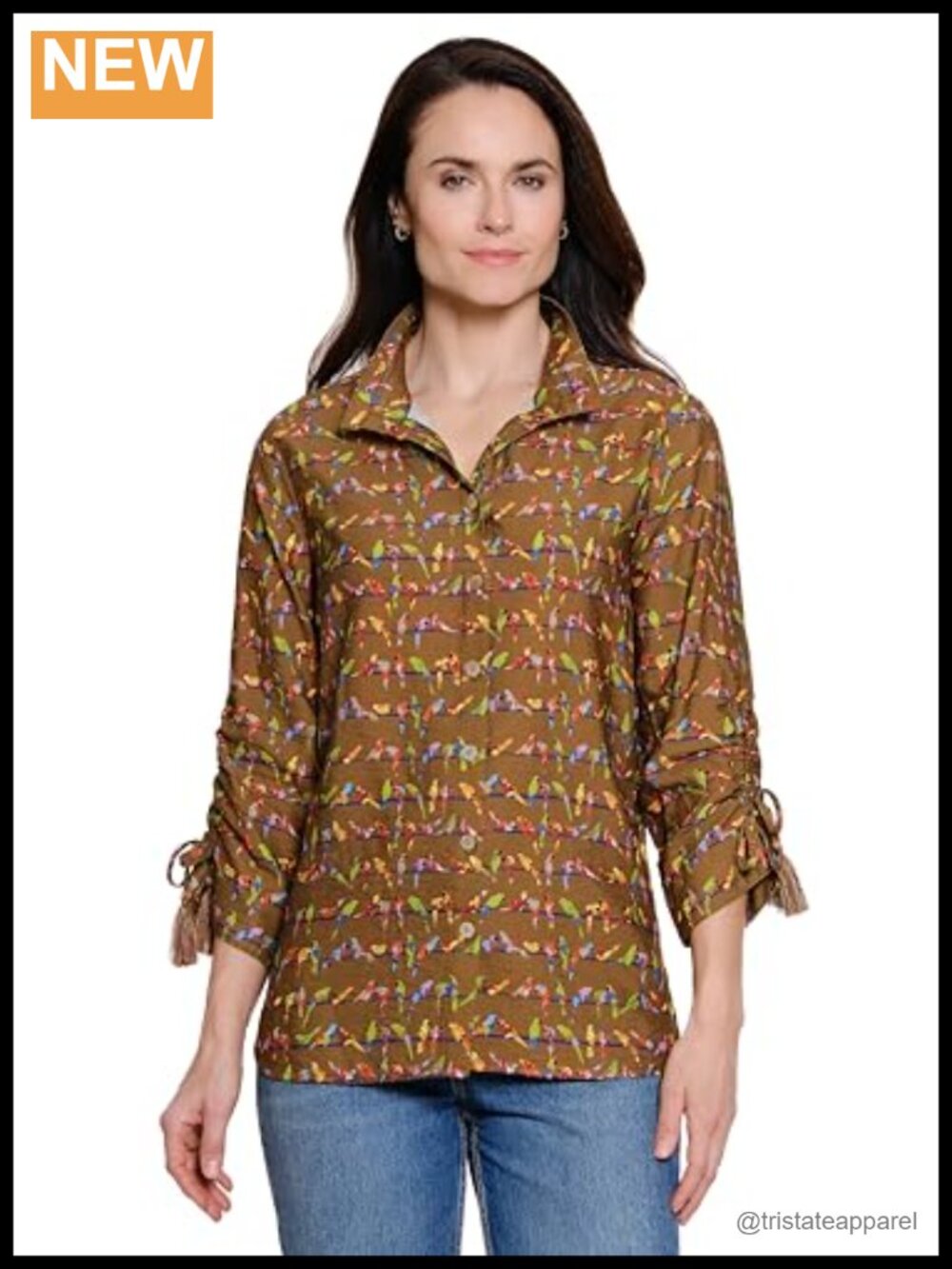 Woven Wire Collar Button Front Blouse with Tassel Tie Sleeves